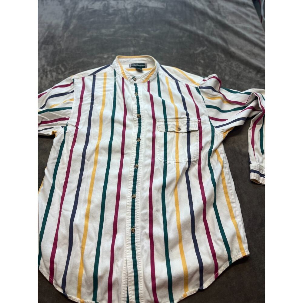 Vtg Reed‎ Hunter Men's Medium Band Collar Cotton Long Sleeve Button Down Stripe